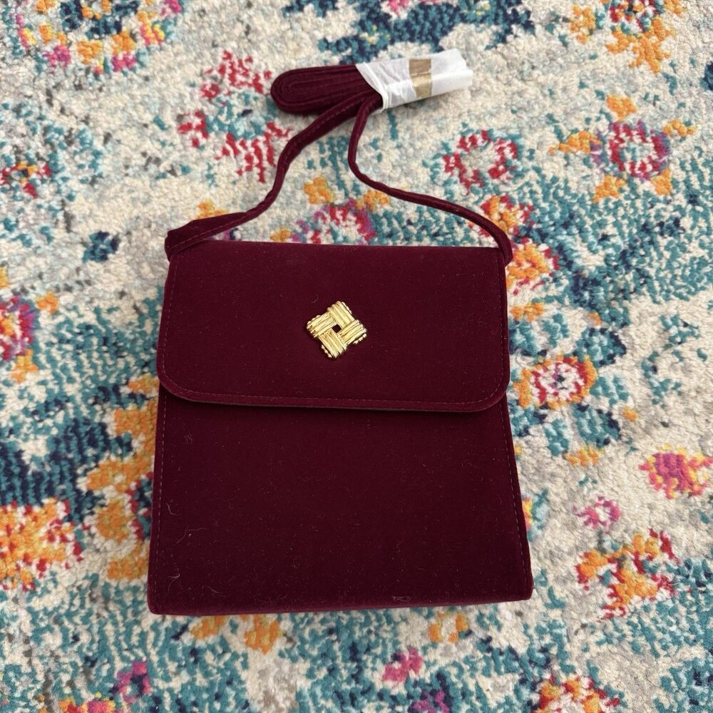 Vintage 1980s Avon Burgundy Long Strap Cross Body Velvet Purse Pocketbook